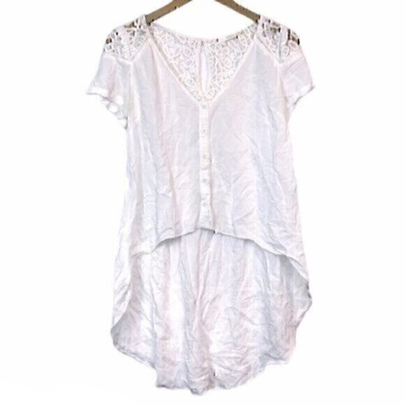 MILLAU LF White Crochet Lace High Low Hi-Lo Sheer Rayon Cotton Button Top Blouse - Picture 1 of 10